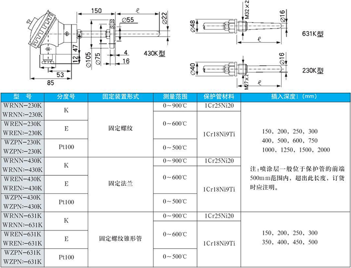 電站測(cè)溫專用熱電偶耐磨規(guī)格表